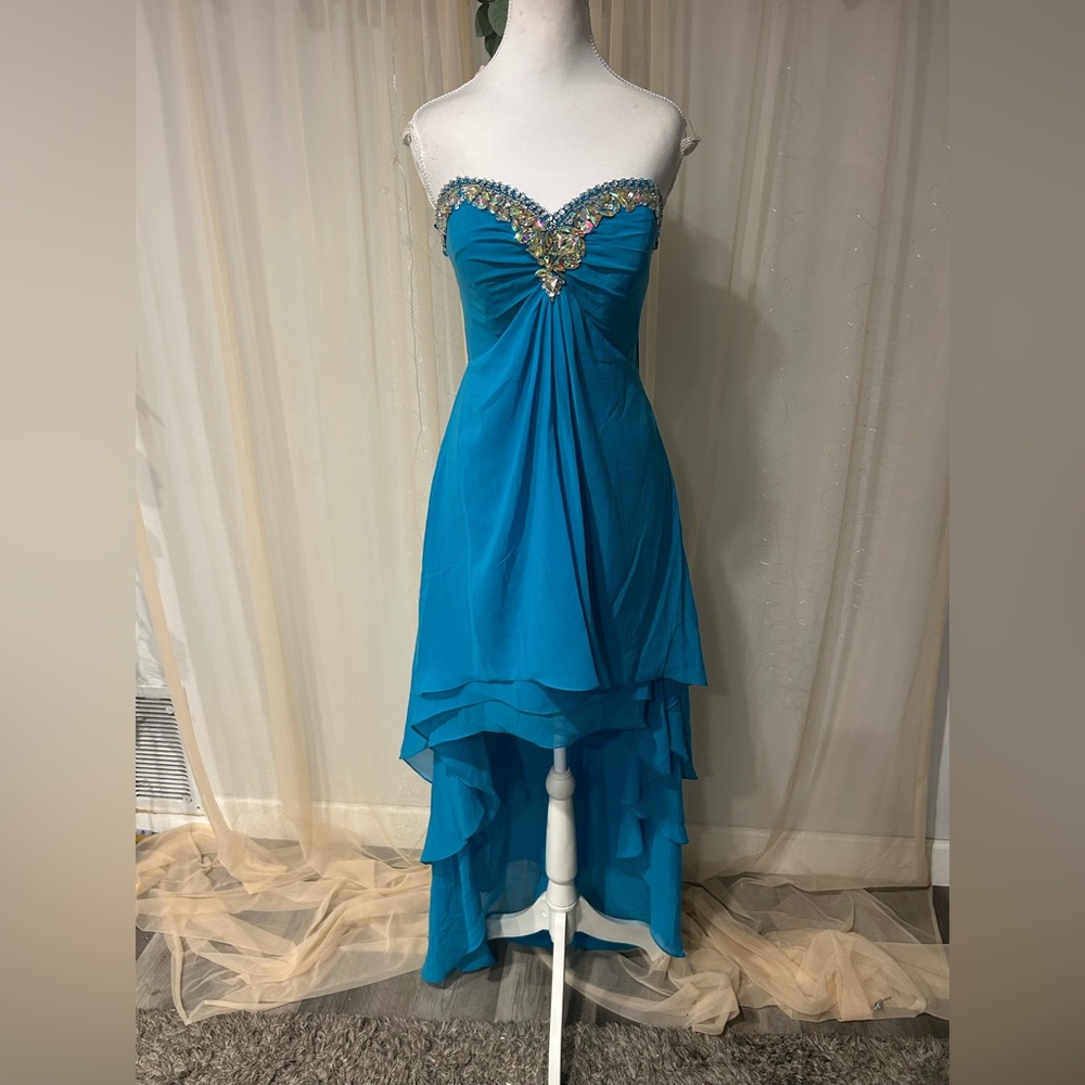 Bibian XL Strapless Beaded Hi-Low Formal Dress | Corset Back | Blue